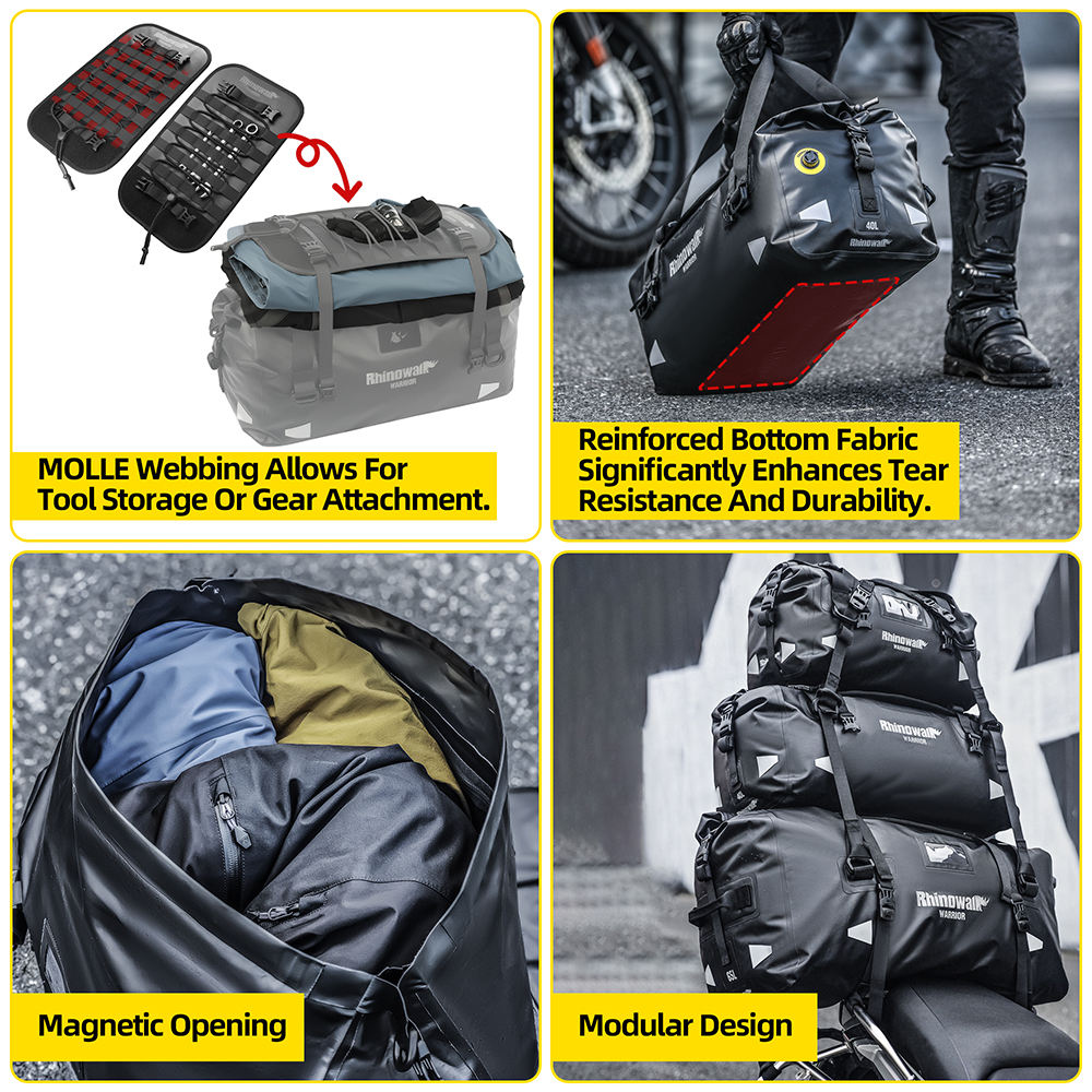 Rhinowalk Waterproof Motorcycle Roll-Top Duffel Gear Bag 40L Heavy Duty Dry Pack Tail Rear Luggage Magnetic Opening