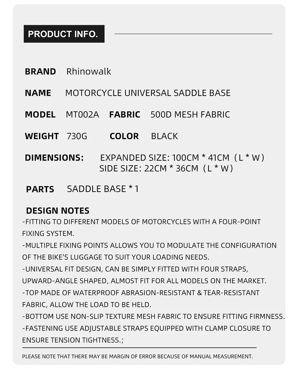 Rhinowalk Motorcycle Saddle Bag Mounting Base Motorbike Tail Seat Bag OS Base for ADV, Dirt Bikes Motorcycle Accessories (MT002A)