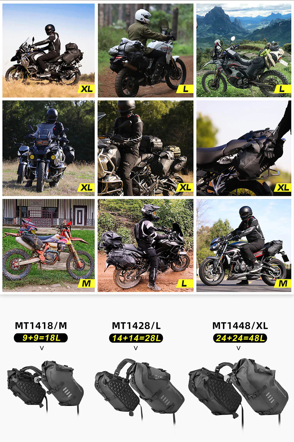 Rhinowalk 18L Rack less Pannier Saddle Soft Bags for Motorcycle Bike Outdoor Adventure Waterproof Side Motorbike Drypack (Pair-Set) (MT1418)