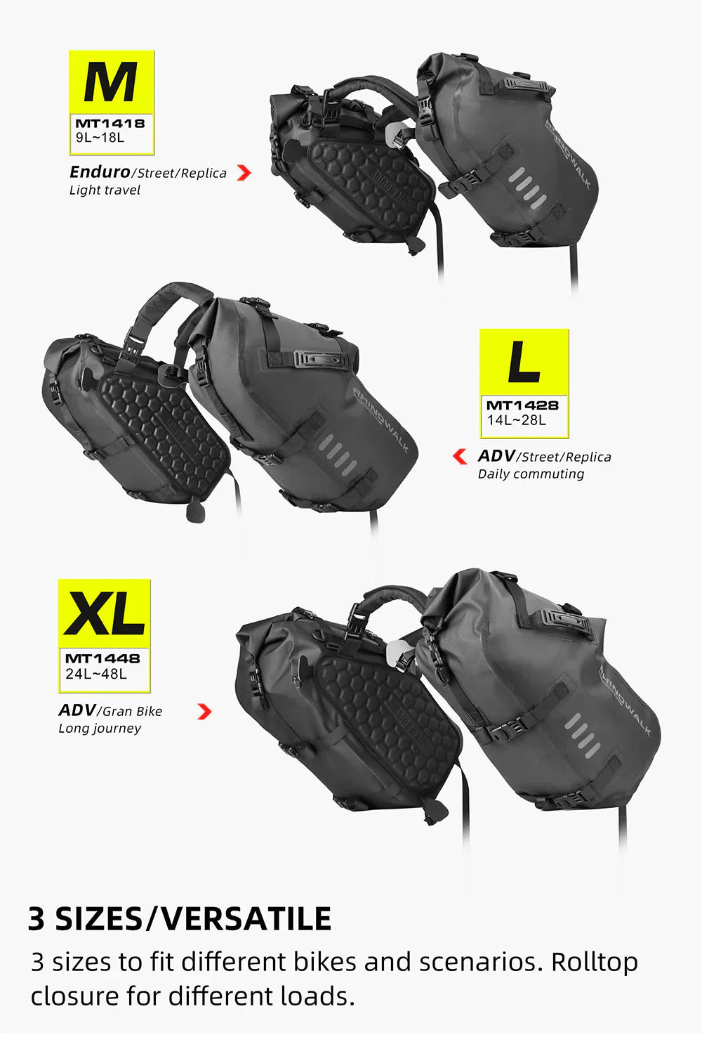 Rhinowalk Motorcycle Waterproof Saddle Bag 48L Bike Tail Seat Luggage for Off/On Road ADV Long Distance Touring (Pair-Set) (MT1448)