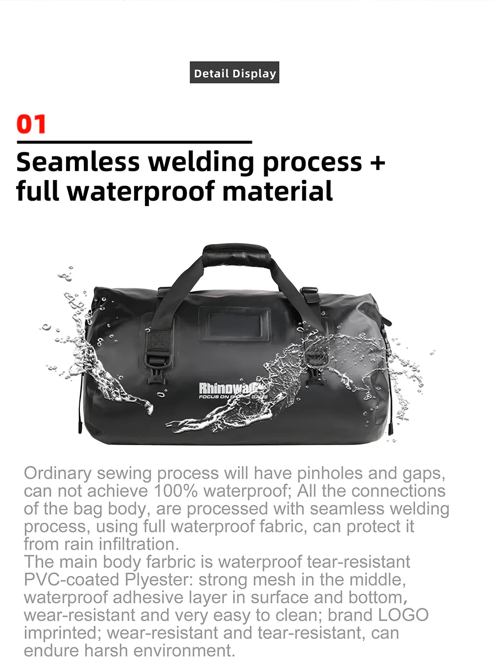 Rhinowalk 45L Waterproof Motorcycle Duffle Bag Heavy Duty Motorcycle Dry Tail Tool Bag for Adventure Bike (MT20450)