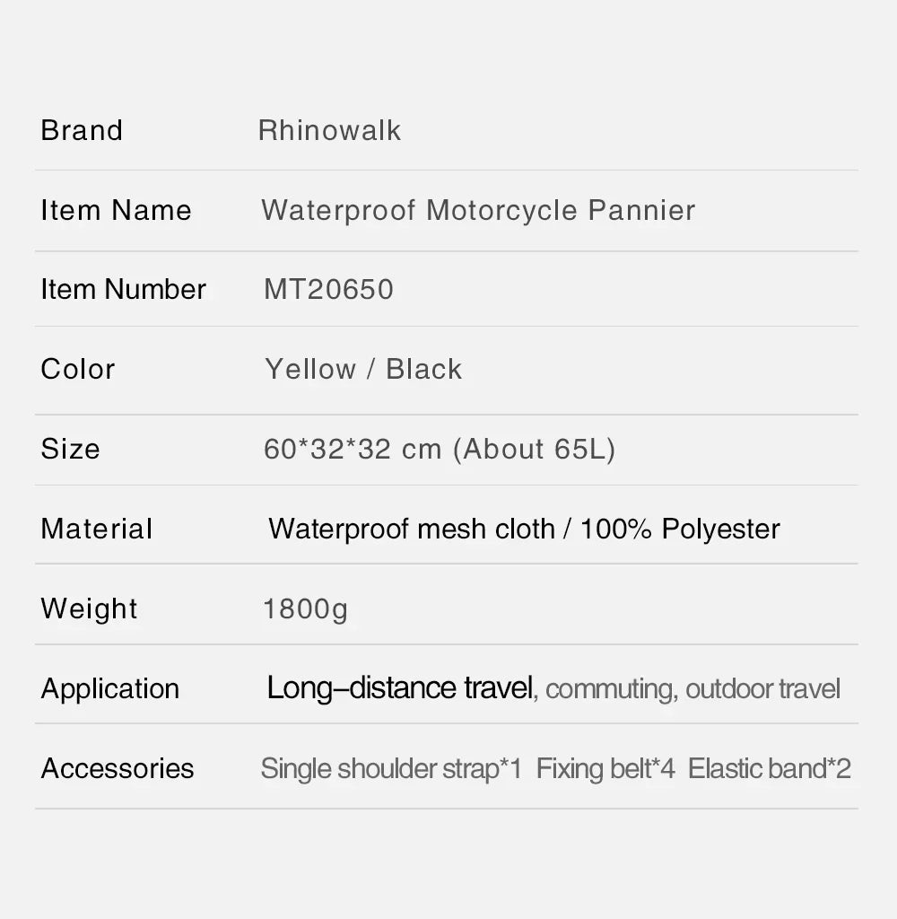 Rhinowalk 65L Motorcycle Waterproof Bag Large Capacity Motorcycle Dry Duffel Bag (MT20650)