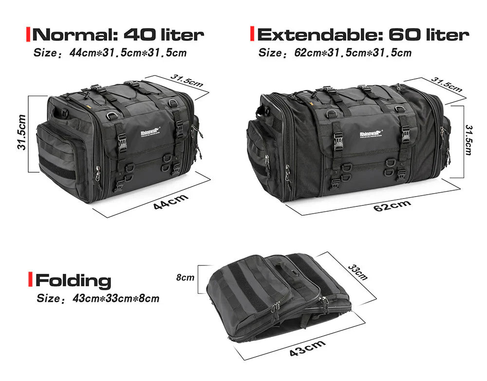 Rhinowalk Motorcycle Tail Bag Motorbike Rear Seat Bag 40-60 liter Large Capacity Motopack Bag (MT4060)