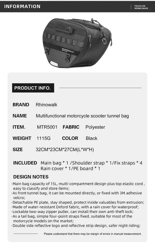 Rhinowalk Tunnel bag for scooter, 15 ltr Underbone Motorcycle Bike Seat Pack with Molly System (MTR5001)